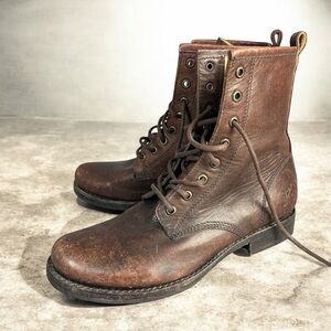 🔥$378 Frye Veronica Combat Distress Brown Leather Lace Up Moto Combat Ankle Boot